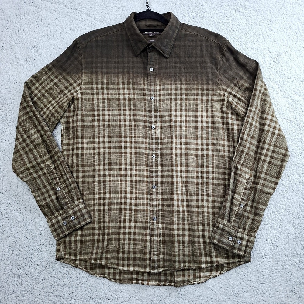 Michael Kors Men's Shirt Linen Blend Ombre Brown Plaid Slim-fit LongSleeve‎
